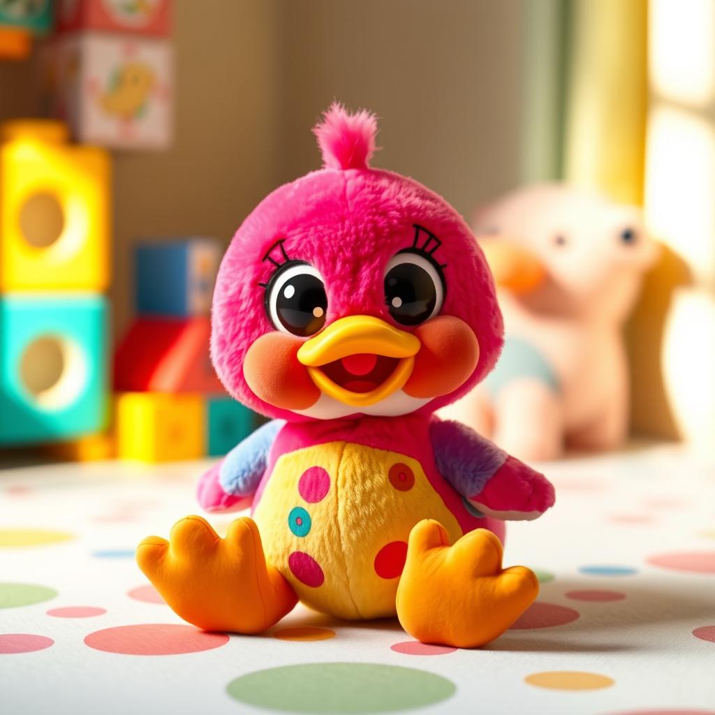 A charming Duck Lalafanfan toy, designed with a soft, plush exterior in bright and vibrant colors