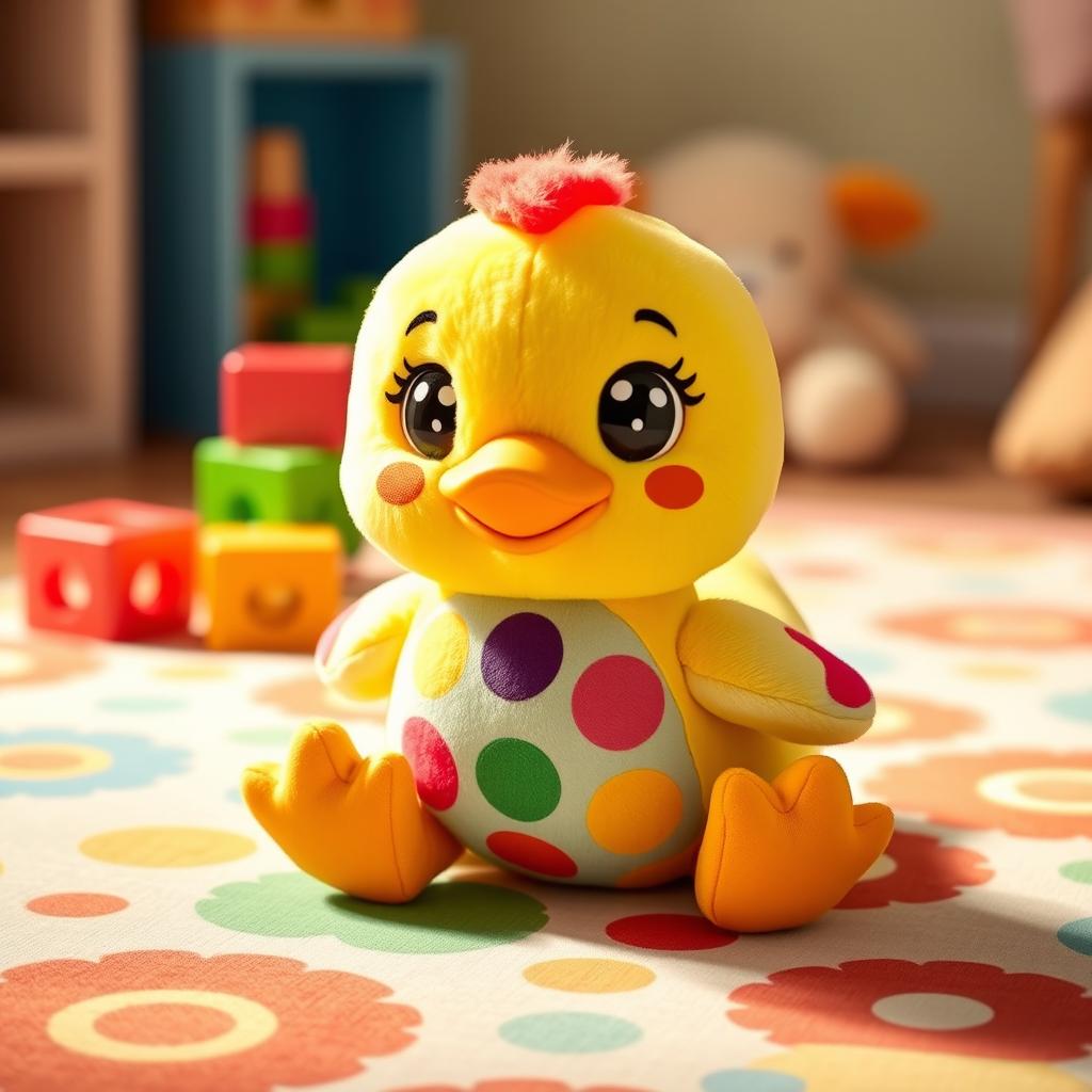 A charming Duck Lalafanfan toy, designed with a soft, plush exterior in bright and vibrant colors