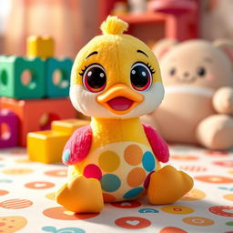 A charming Duck Lalafanfan toy, designed with a soft, plush exterior in bright and vibrant colors