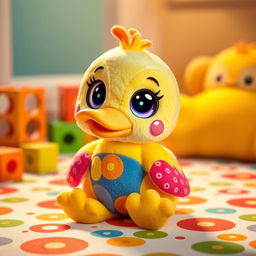 A charming Duck Lalafanfan toy, designed with a soft, plush exterior in bright and vibrant colors