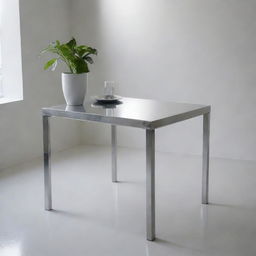 A shiny stainless steel table in a modern, minimalistic setting, light bouncing off its smooth surface.