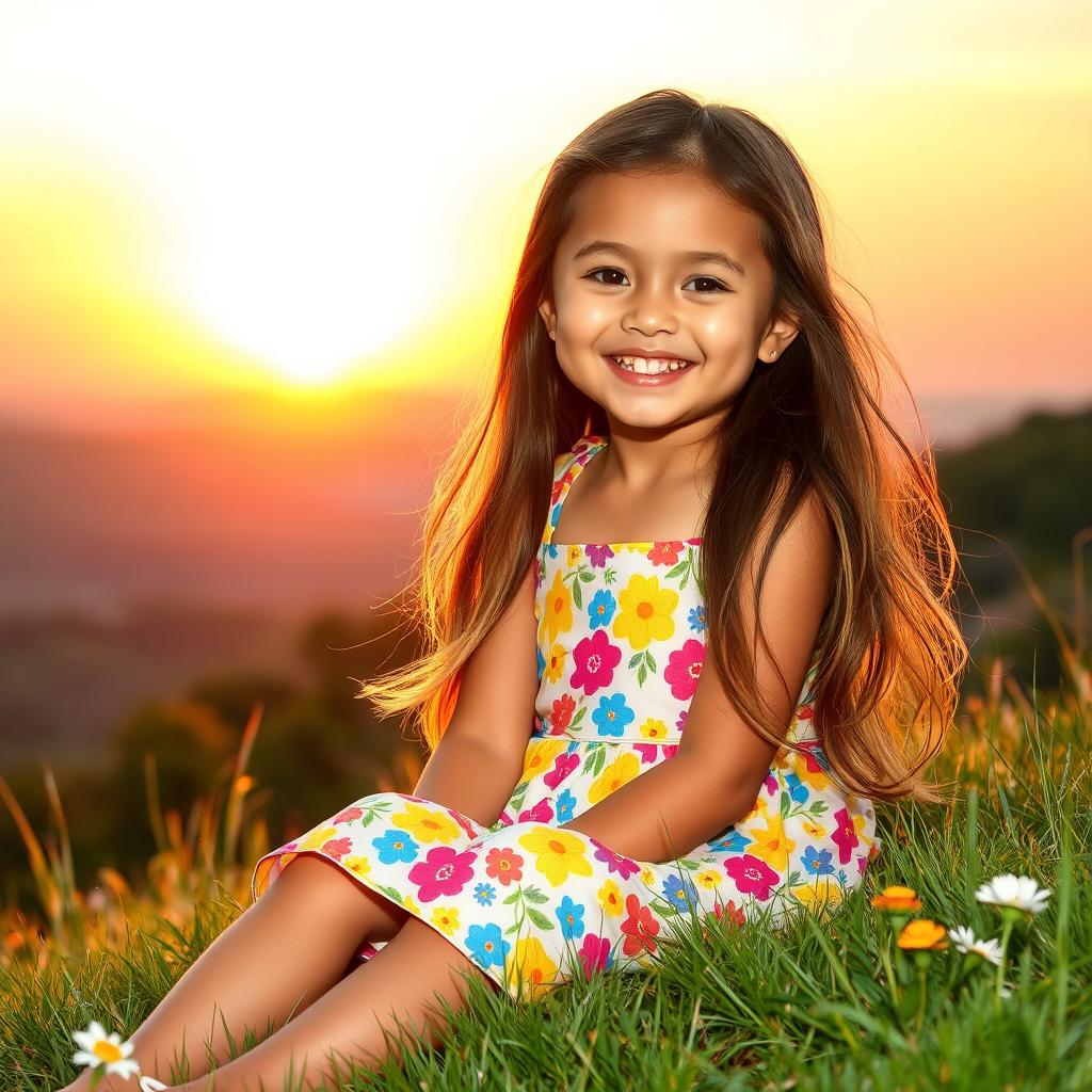 A cute girl with long, flowing hair wearing a bright summer dress adorned with colorful floral patterns