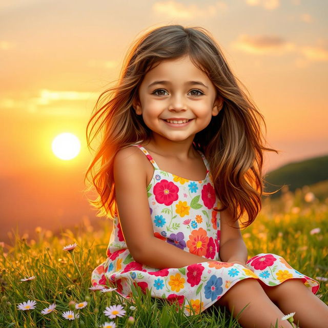 A cute girl with long, flowing hair wearing a bright summer dress adorned with colorful floral patterns