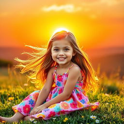 A cute girl with long, flowing hair wearing a bright summer dress adorned with colorful floral patterns