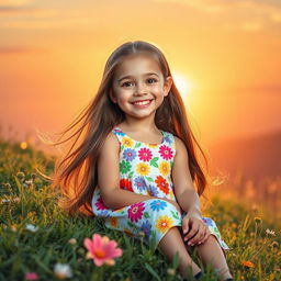 A cute girl with long, flowing hair wearing a bright summer dress adorned with colorful floral patterns