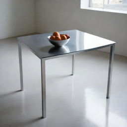 A shiny stainless steel table in a modern, minimalistic setting, light bouncing off its smooth surface.