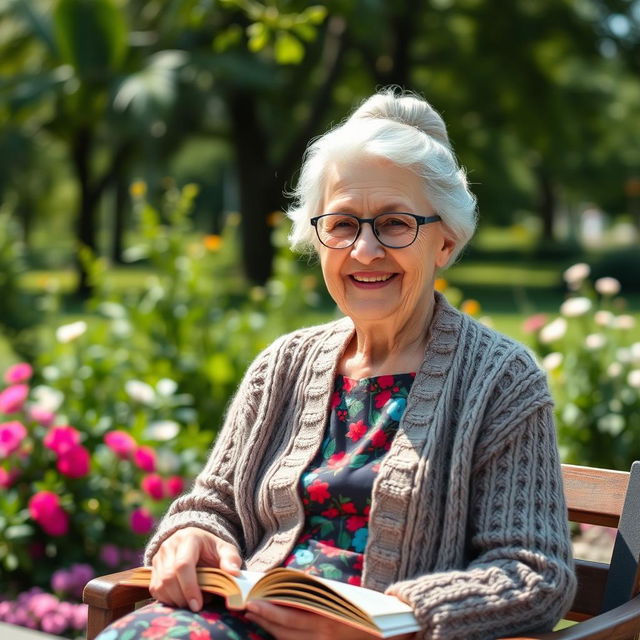 A charming elderly woman with silver hair styled in a neat bun, wearing a cozy knitted cardigan over a colorful blouse