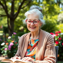 A charming elderly woman with silver hair styled in a neat bun, wearing a cozy knitted cardigan over a colorful blouse