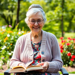 A charming elderly woman with silver hair styled in a neat bun, wearing a cozy knitted cardigan over a colorful blouse