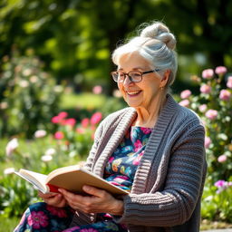 A charming elderly woman with silver hair styled in a neat bun, wearing a cozy knitted cardigan over a colorful blouse