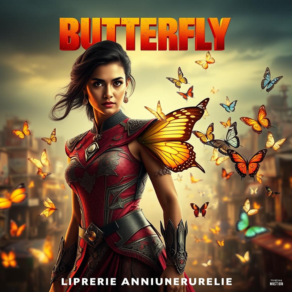 A cinematic superhero action movie poster featuring a 27-year-old Indian woman mutant with the ability to control butterflies