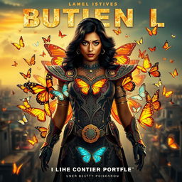 A cinematic superhero action movie poster featuring a 27-year-old Indian woman mutant with the ability to control butterflies