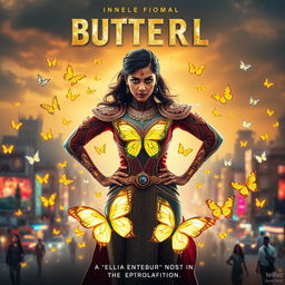 A cinematic superhero action movie poster featuring a 27-year-old Indian woman mutant with the ability to control butterflies