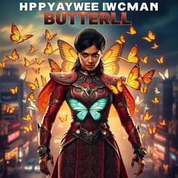 A cinematic superhero action movie poster featuring a 27-year-old Indian woman mutant with the ability to control butterflies