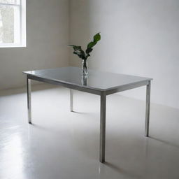 A shiny stainless steel table in a modern, minimalistic setting, light bouncing off its smooth surface.