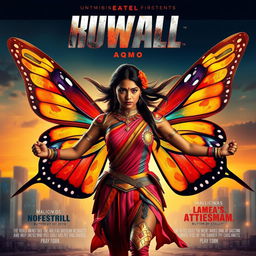 Cinematic superhero action movie poster featuring a 27-year-old Indian woman mutant with vibrant, colorful butterfly long wings