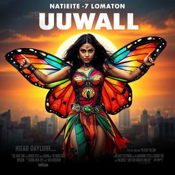 Cinematic superhero action movie poster featuring a 27-year-old Indian woman mutant with vibrant, colorful butterfly long wings