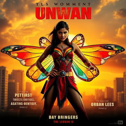 Cinematic superhero action movie poster featuring a 27-year-old Indian woman mutant with vibrant, colorful butterfly long wings