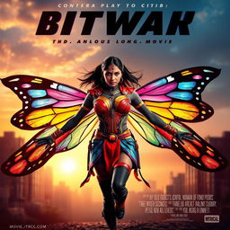 Cinematic superhero action movie poster featuring a 27-year-old Indian woman mutant with vibrant, colorful butterfly long wings