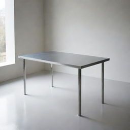 A shiny stainless steel table in a modern, minimalistic setting, light bouncing off its smooth surface.