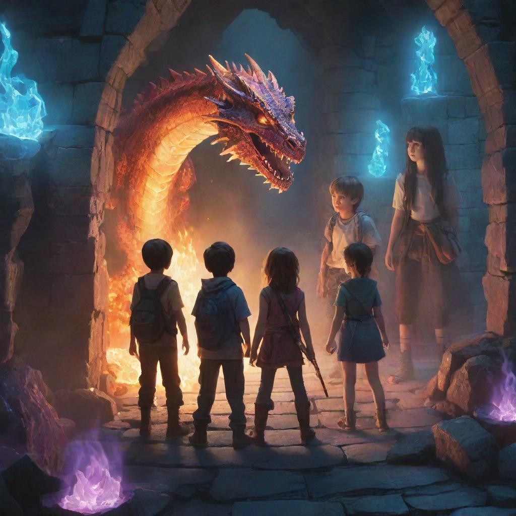 Three boys and three girls exploring a mystical dungeon, filled with glowing crystals and fire-breathing dragons in the background