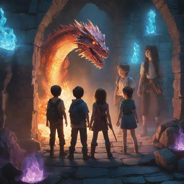 Three boys and three girls exploring a mystical dungeon, filled with glowing crystals and fire-breathing dragons in the background