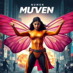 A cinematic superhero action movie poster featuring a 27-year-old Indian woman mutant with extraordinary powers