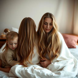 A serene indoor scene featuring a mother with her daughter and son in a cozy room