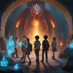 Three boys and three girls exploring a mystical dungeon, filled with glowing crystals and fire-breathing dragons in the background