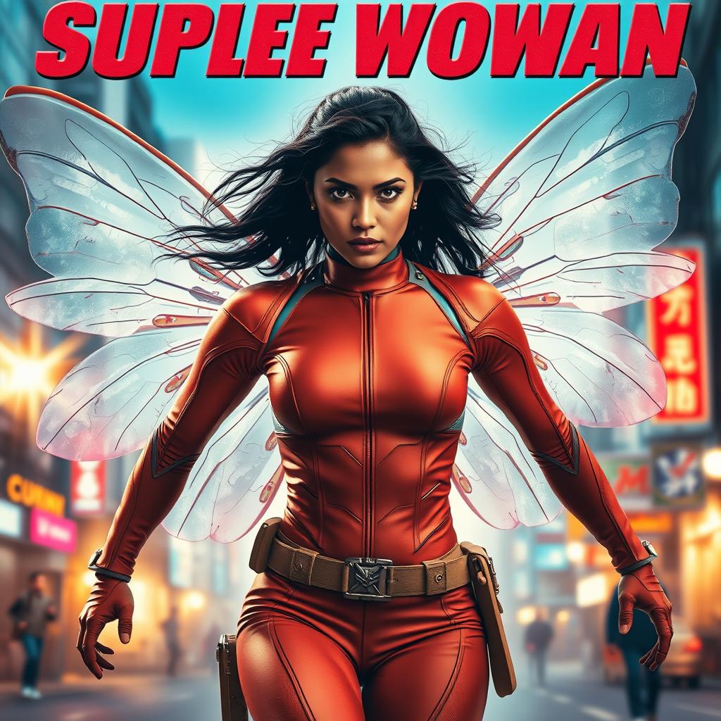 A cinematic superhero action movie poster showcasing a powerful 27-year-old Indian woman mutant