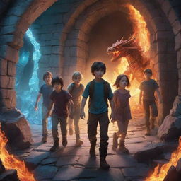 Three boys and three girls exploring a mystical dungeon, filled with glowing crystals and fire-breathing dragons in the background