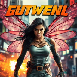 A cinematic superhero action movie poster showcasing a powerful 27-year-old Indian woman mutant