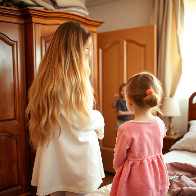 A warm and cozy interior scene of a mother and her daughter and son in a room