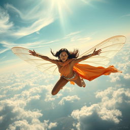 A cinematic superhero action movie poster featuring a powerful 27-year-old Indian woman mutant soaring majestically above the sky