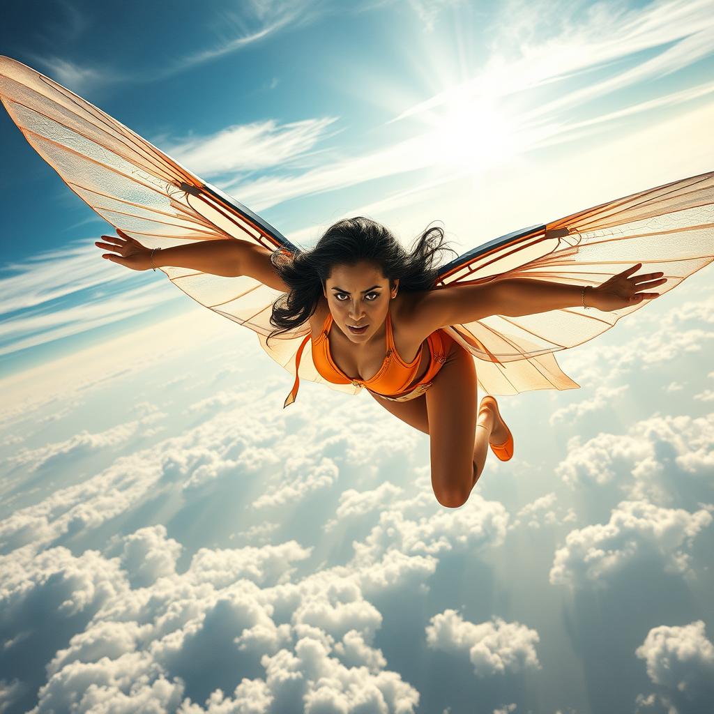 A cinematic superhero action movie poster featuring a powerful 27-year-old Indian woman mutant soaring majestically above the sky