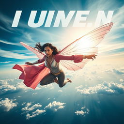 A cinematic superhero action movie poster featuring a powerful 27-year-old Indian woman mutant soaring majestically above the sky