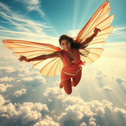 A cinematic superhero action movie poster featuring a powerful 27-year-old Indian woman mutant soaring majestically above the sky