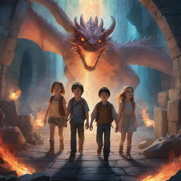 Three boys and three girls exploring a mystical dungeon, filled with glowing crystals and fire-breathing dragons in the background