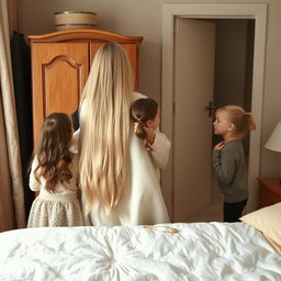 A heartwarming scene of a mother with her daughter and son in a cozy room