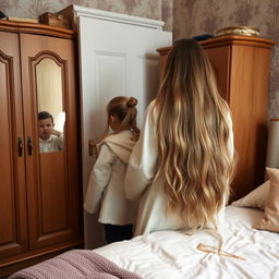 A heartwarming scene of a mother with her daughter and son in a cozy room