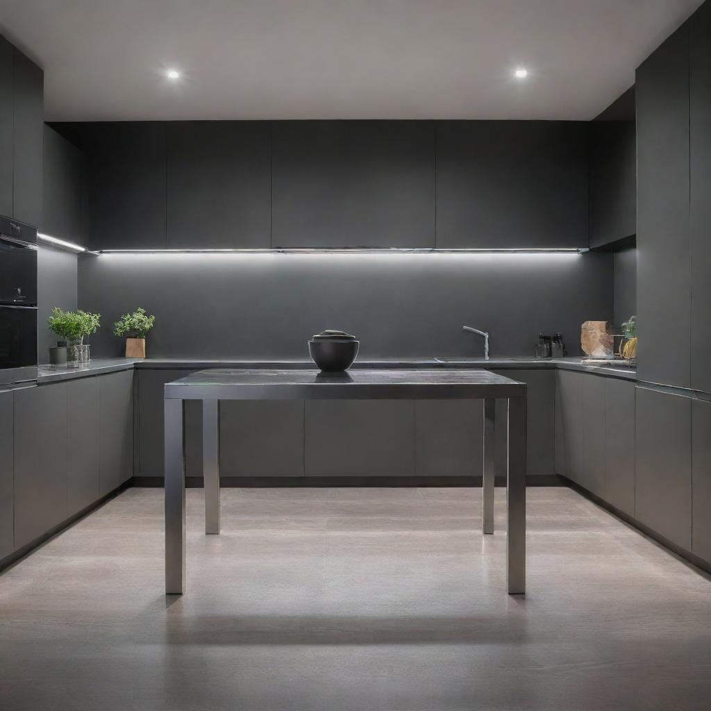 A sleek grey stainless steel kitchen table shining under the ambient light.