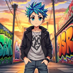 A dynamic and stylish anime boy character with short spiky hair in vibrant shades of blue and green