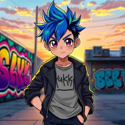 A dynamic and stylish anime boy character with short spiky hair in vibrant shades of blue and green