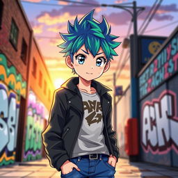 A dynamic and stylish anime boy character with short spiky hair in vibrant shades of blue and green