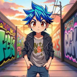 A dynamic and stylish anime boy character with short spiky hair in vibrant shades of blue and green