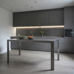 A sleek grey stainless steel kitchen table shining under the ambient light.