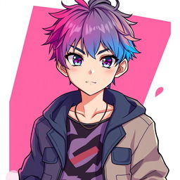 A stylish anime boy character designed for a profile picture, featuring vibrant hair color, striking eyes, and a confident expression