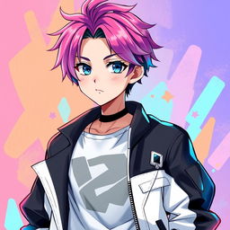 A stylish anime boy character designed for a profile picture, featuring vibrant hair color, striking eyes, and a confident expression