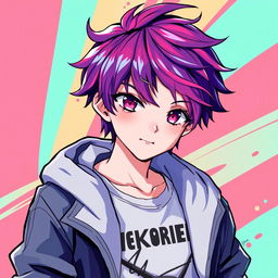 A stylish anime boy character designed for a profile picture, featuring vibrant hair color, striking eyes, and a confident expression