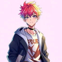 A stylish anime boy character designed for a profile picture, featuring vibrant hair color, striking eyes, and a confident expression